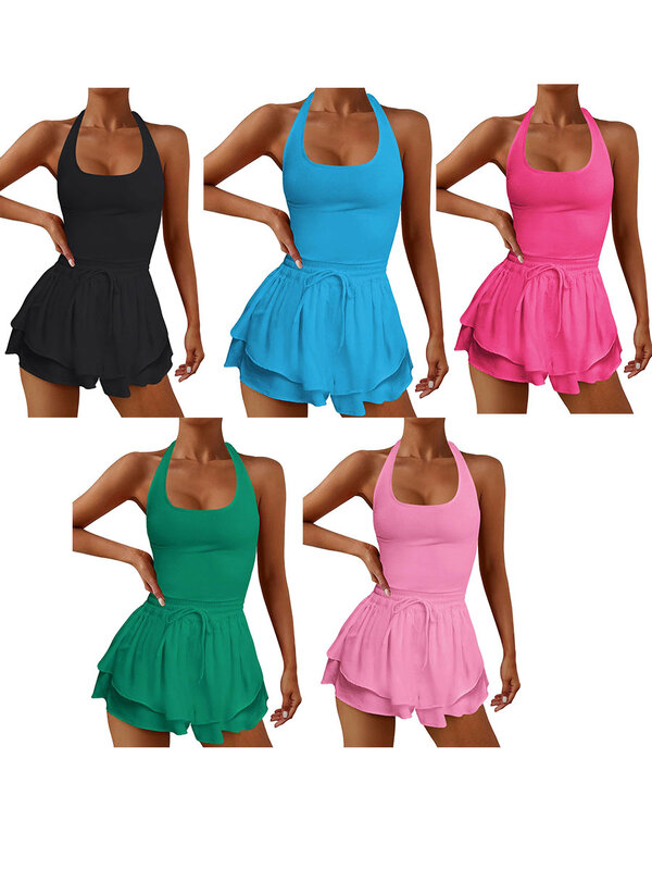 Women Running Workout Rompers Jumpsuits Gym Yoga Clothes Athletic Solid Color Sleeveless Cross Backless Tennis Playsuits