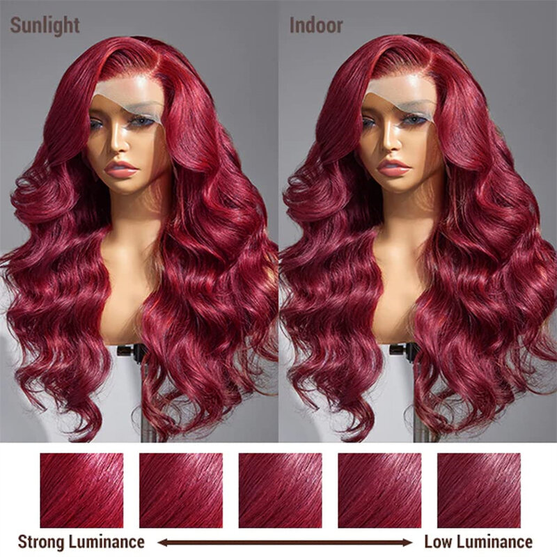 Borgonha HD peruca frontal de renda para mulheres, peruca de onda corporal, vermelho, 99J, peruca de cabelo humano, 13x4, pré-arrancada, 13x6