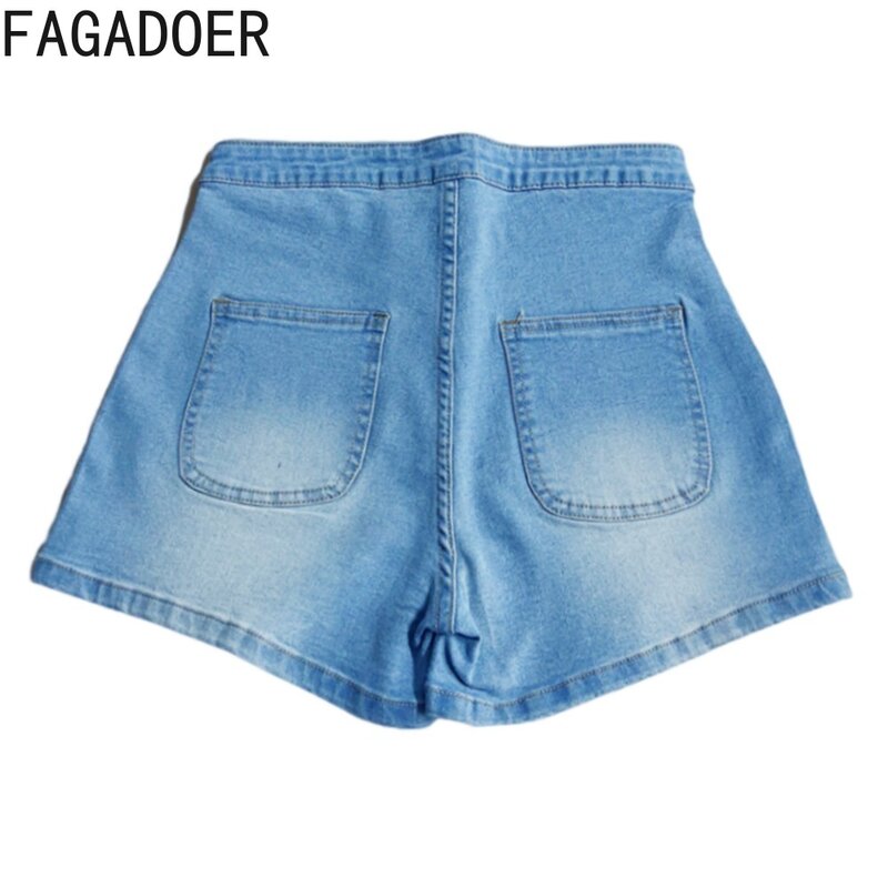 Fagadoer Denim blau Sommer neue hohe Taille Knopf Elastizität dünne Shorts Mode weibliche Tasche schlanke Cowboy Shorts Hosen 2024