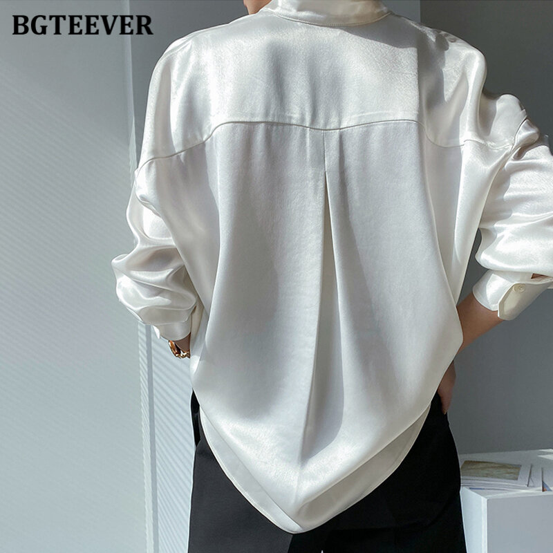 Элегантная Свободная Женская рубашка BGTEEVER с воротником-стойкой, офисная одежда, женские блузки с длинным рукавом и карманами, топы