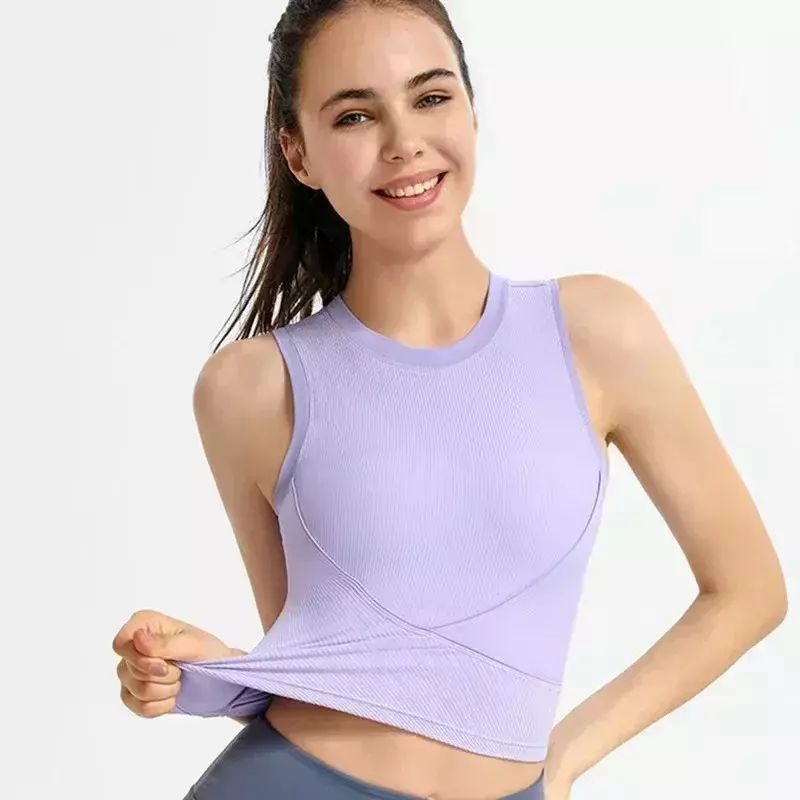 Lemon High Neck Yoga Tank Tops Women Fitness Sleeveless Cami Top Sport Shirt Slim Ribbed Running Gym Shirt Built In Bra Crop Top