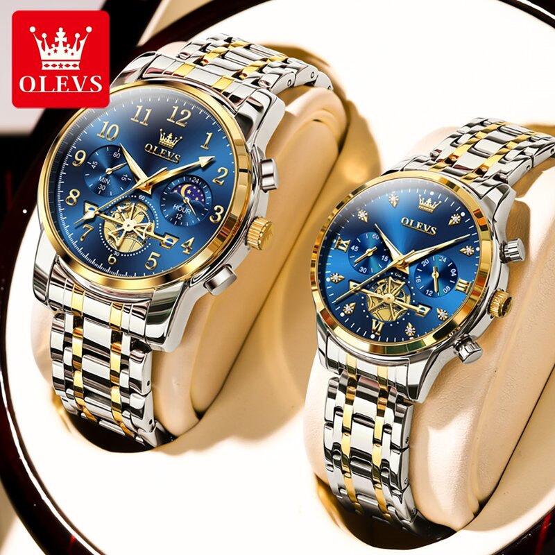 OLEVS Luxury Brand Moon Phase coppia orologi orologio al quarzo multifunzionale in acciaio inossidabile orologi originali da uomo e da donna novità