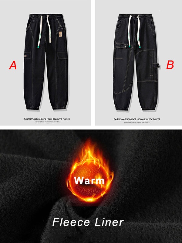 2023 nowe zimowe fałszywa kieszeń męskie jeansy Streetwear grube polarowe ciepłe spodnie Cargo męskie spodnie do joggingu termiczne duży rozmiar 8XL