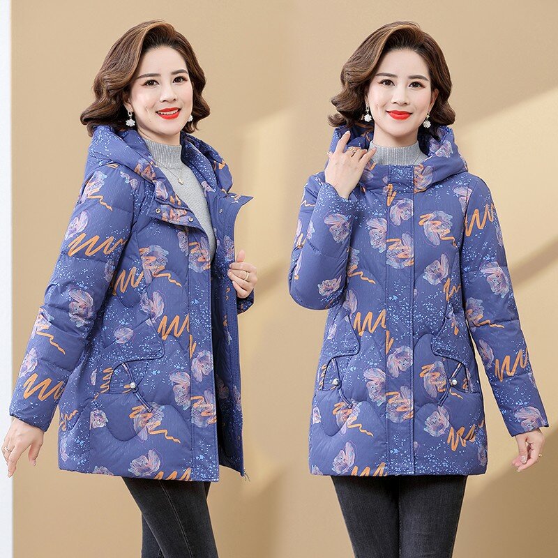 Winter Damen Daunen jacken gedruckt warmen Freizeit mantel weibliche Puffer jacke mittleren Alters Mutter Kapuze Parka Mantel