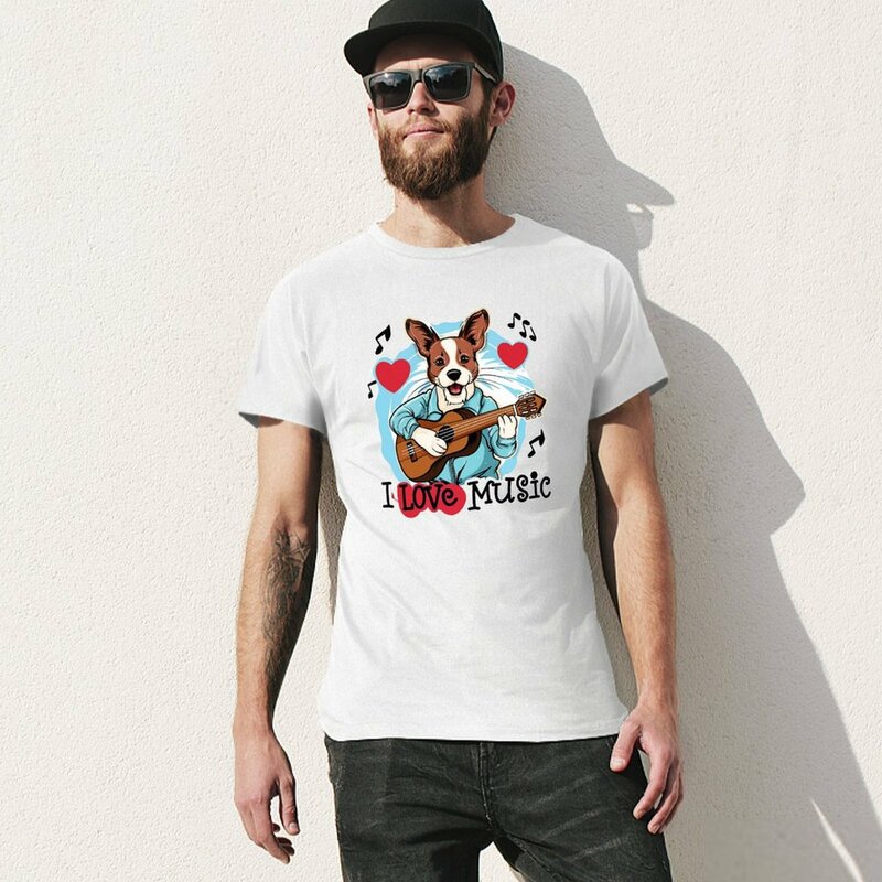 T-shirt graphique vintage pour hommes, I Love Dog Music, impression animale pour garçons, conception personnalisée de vos propres médicaments d'été, grands et grands t-shirts