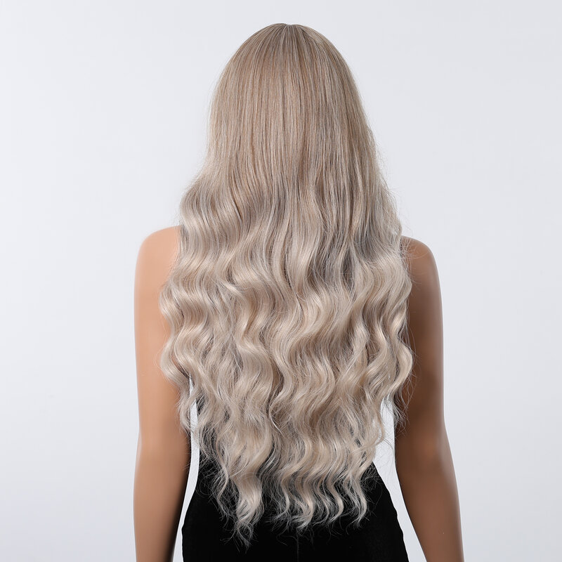 Jasnobrązowe Ombre blond długie faliste syntetyczne peruka z grzywką Cosplay codzienne włosy falowane peruki dla kobiet naturalne odporne na ciepło