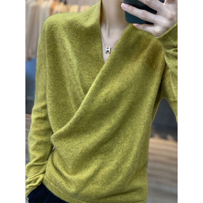2022 Autumn Fashion Tops 100% Pure Wool Knitted Sweaters Women V-neck Long Sleeve Cashmere Knitwear Winter New Female Jumpers