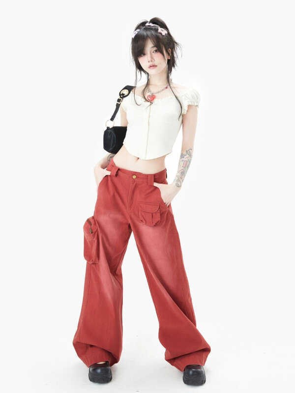 Nuovi jeans strappati donna Sweet Cool 3D Pocket Workwear pantaloni larghi in Denim di alta qualità pantaloni larghi Oversize retrò piccanti ragazza y2k