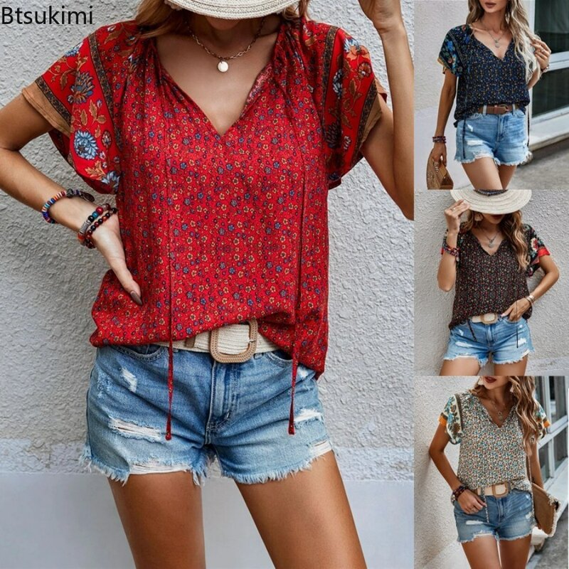 Blusa estampada floral estilo étnico vintage para mulheres, tops com gola v, camisa de manga curta, streetwear solto, camisas casuais de verão 2024