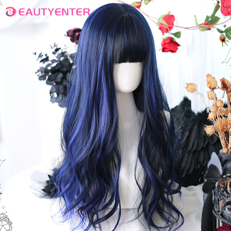 Synthetic wig Lolita wig Blue highlight black large wave curls Natural long hair curls For Cosplay With Bangs
