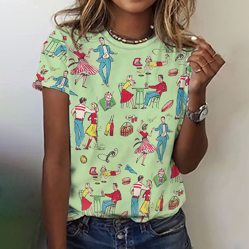 빈티지 해골 패턴 프린트 여름 여성 티셔츠, 캐주얼 반팔 티, 루즈한 O넥 풀오버, 오버사이즈 여성 의류