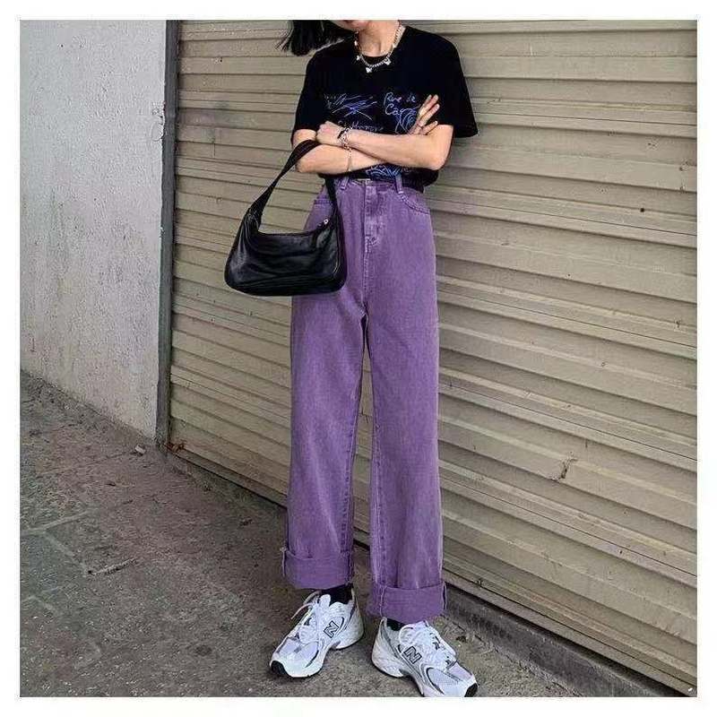 Pantalones rectos de pana para mujer, pantalón de cintura alta con bolsillo, color púrpura, moda informal coreana, Y2K, Otoño, 2022