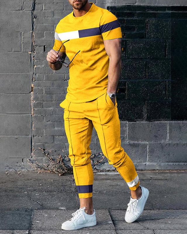 Костюм спортивный мужской из 2 предметов, Повседневная футболка с короткими рукавами и брюки, в полоску, с 3D принтом, уличная одежда, осень