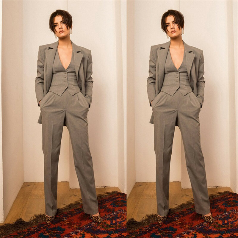 Handsome Pinstripe Women Suits Notched Lapel Fashion Vest Pants Loose Jacket 3 Pieces Young Blazer Girl Suit Set Custom Made