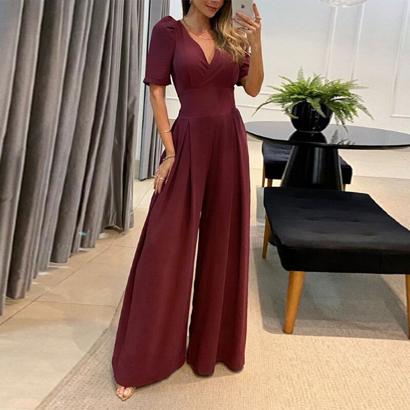 Spring Jumpsuit New Casual Pullover V-neck Lace Up High Waist Bubble Short Sleeve Solid Office Lady Waistband Wide Leg Pants