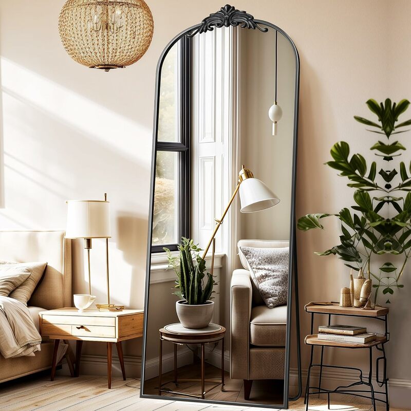 Espelho de piso arqueado com moldura de metal esculpida, comprimento total, vintage tradicional, design barroco ornamentado, autônomo, 64 em × 21 em