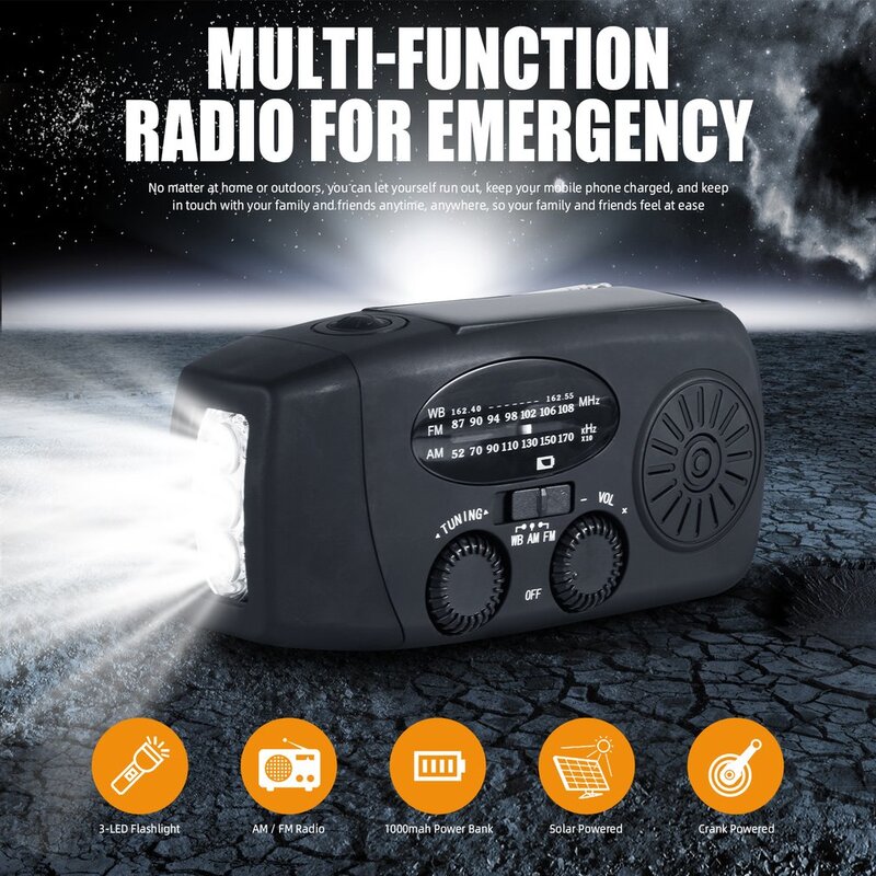 Multiple Charging Methods 1000mAh Portable Waterproof Handcranked Field Weather Solar Rechargeable Mini Emergency Lighting Radio