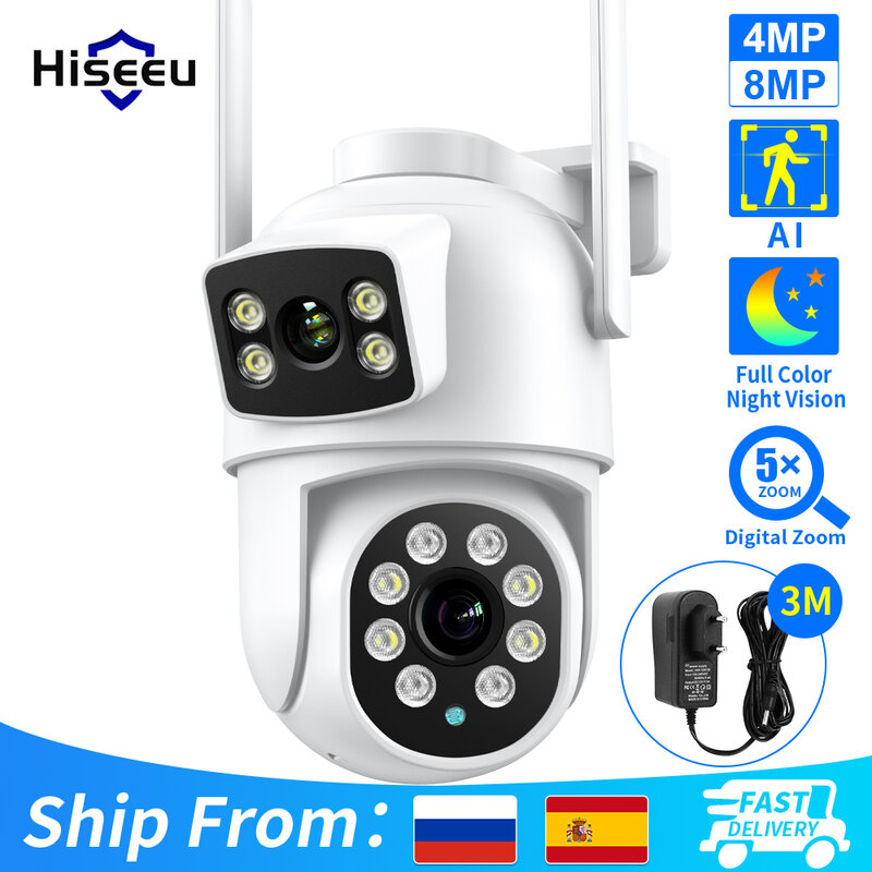 Hiseeu-Wireless Surveillance Camera, Dual Lens, 4X Digital Zoom, AI Human Detect, ONVIF, Outdoor Security PTZ IP Cameras, 4K, 8M