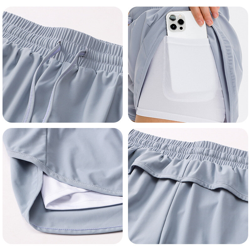 Women Tennis Shorts Yoga Fake Two Piece Quick Dry Breathable Loose Exercise Training Fitness Running Sweatpants with Pocket
