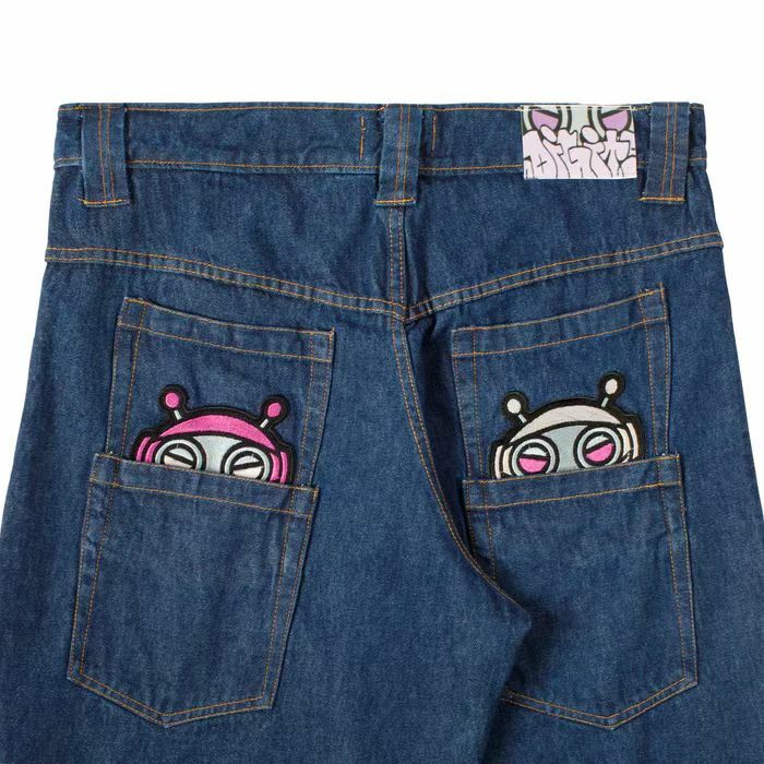 Y2K Cute Alien Embroidery Pattern Jeans Print Cargo Pants Men New Loose Pants Straight Wide Leg Pants Simple Fashion Blue Jeans