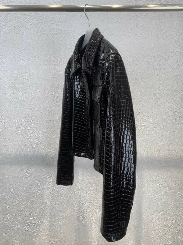 Crocodilo Pattern couro de carneiro casaco curto para as mulheres, jaqueta punk preta, manga longa, alta qualidade, genuíno, outono
