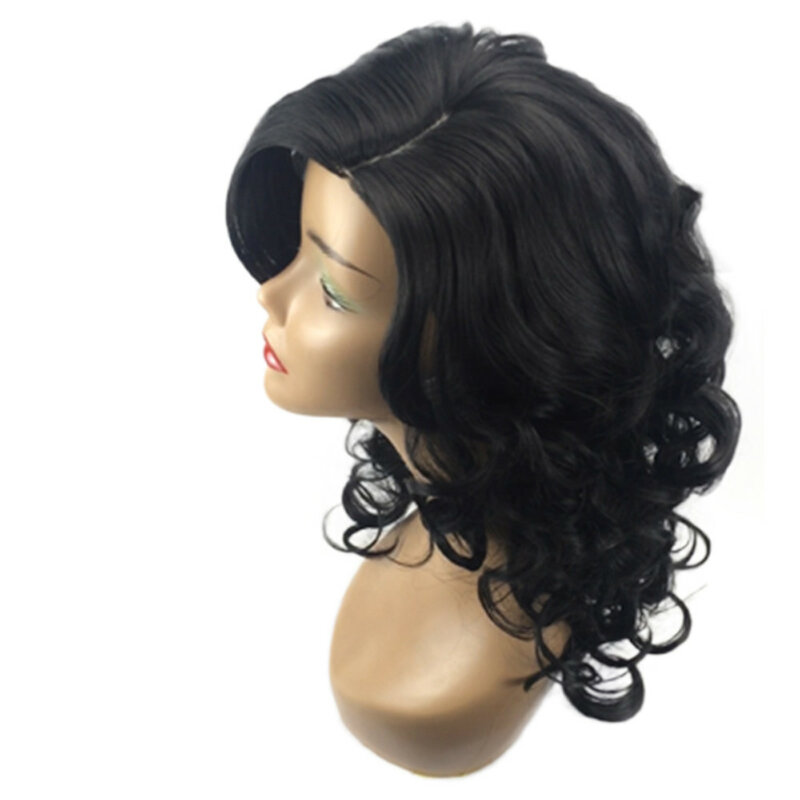 Flequillo oblicuo de pelo rizado corto negro para mujer, fibra química sintética de moda, peluca de seda de alta temperatura, cubierta para la cabeza