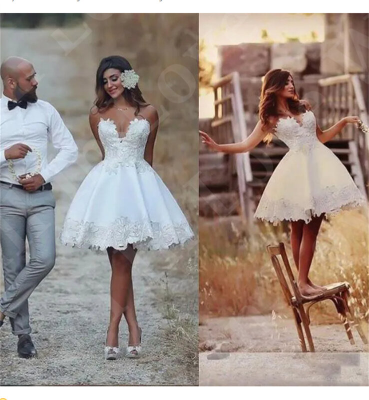 Fashion Short Wedding Dress Knee-Length Lace Applique Strapless Bridal Gowns A-Line Stain Vestido De Novia  فستان حفلات الزفاف