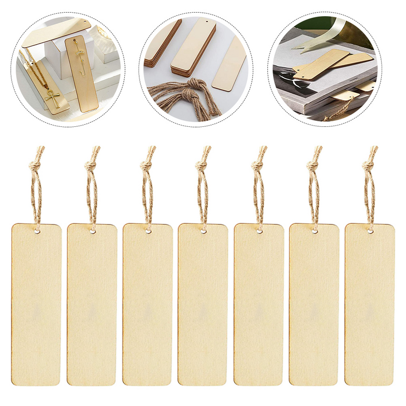 Marcapáginas rectangular de madera sin pintar, marcapáginas en blanco para manualidades, con cuerda, sin pintar