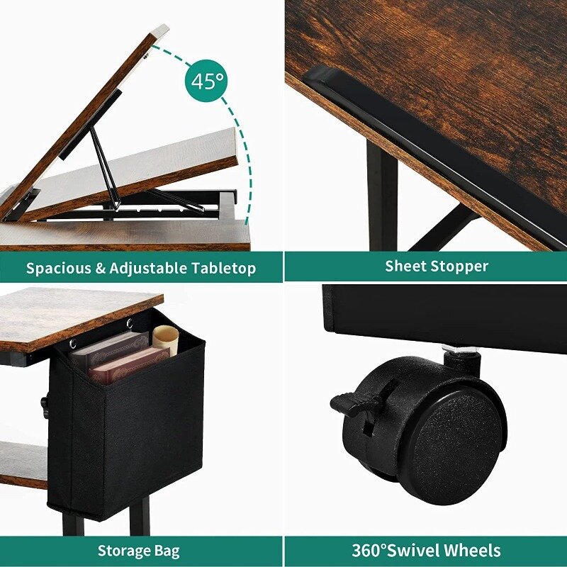 Tavolo portatile per Laptop con stazione di ricarica, rotolamento in piedi regolabile in altezza, tavolo inclinabile e borsa portaoggetti