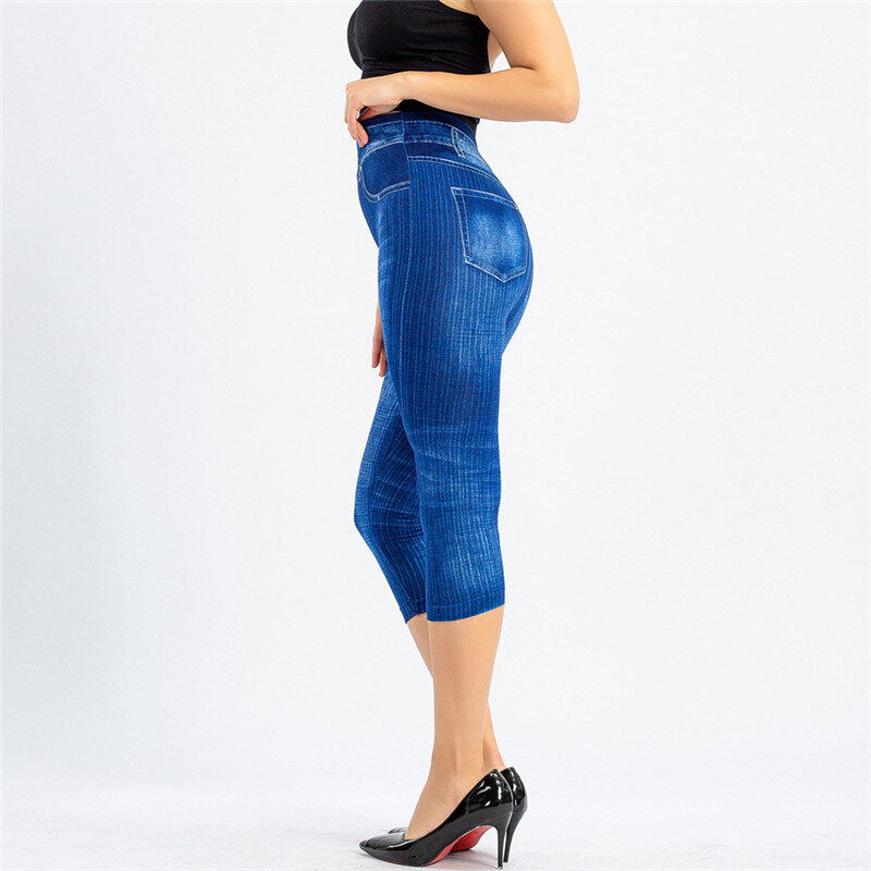 Damskie jeansowe legginsy z nadrukami modne legginsy imitacja dżinsów legginsy Stretch nadruk krótkie/długie legginsy letnie bryczesy