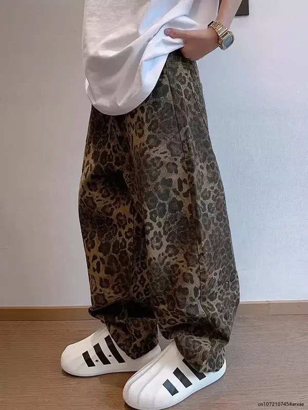 Spring Leopard Jeans Men Denim Pants Male Oversize Wide Leg Trousers Streetwear Hip Hop Vintage Clothes Loose Casual