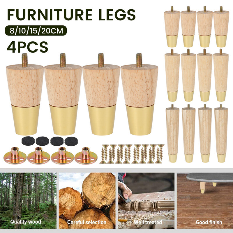 Patas cónicas de madera para muebles, patas de repuesto sólidas para sofá, estilo moderno, 4 piezas