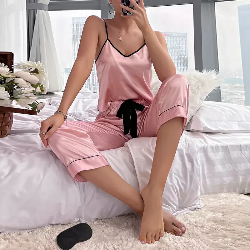 Pijama feminino sem mangas, camisola de casa feminina, calças confortáveis, roupa de dormir sexy, nova moda, 2024