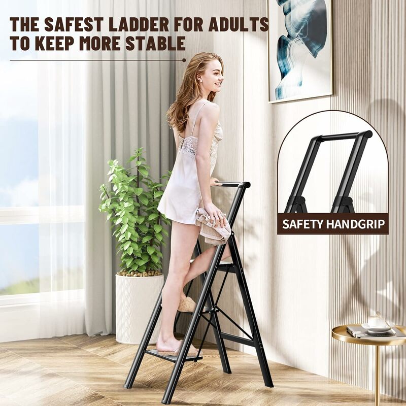 3 Trap Ladder Opvouwbare Opstapkruk Met Brede Antislip Stevige Treden En Handige Handgrepen Aluminium Lichtgewicht Draagbare Volwassene