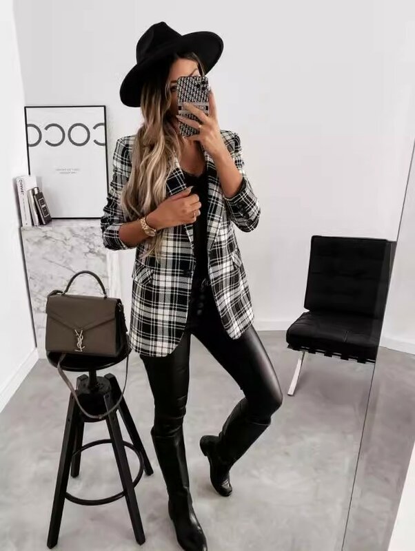 Women's New Long sleeved Double breasted Suit Plaid Coat Loose and Personalized Versatile Commuter Clothing
