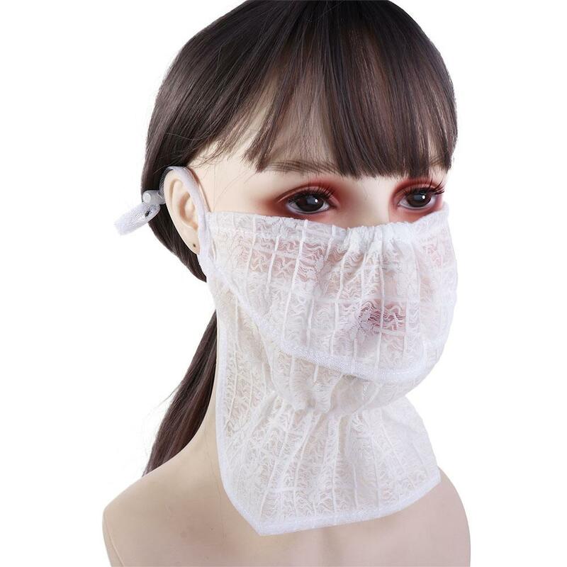 Masker Wajah Anti UV wanita, pelindung leher musim panas renda elastis untuk luar ruangan syal wajah masker tabir surya