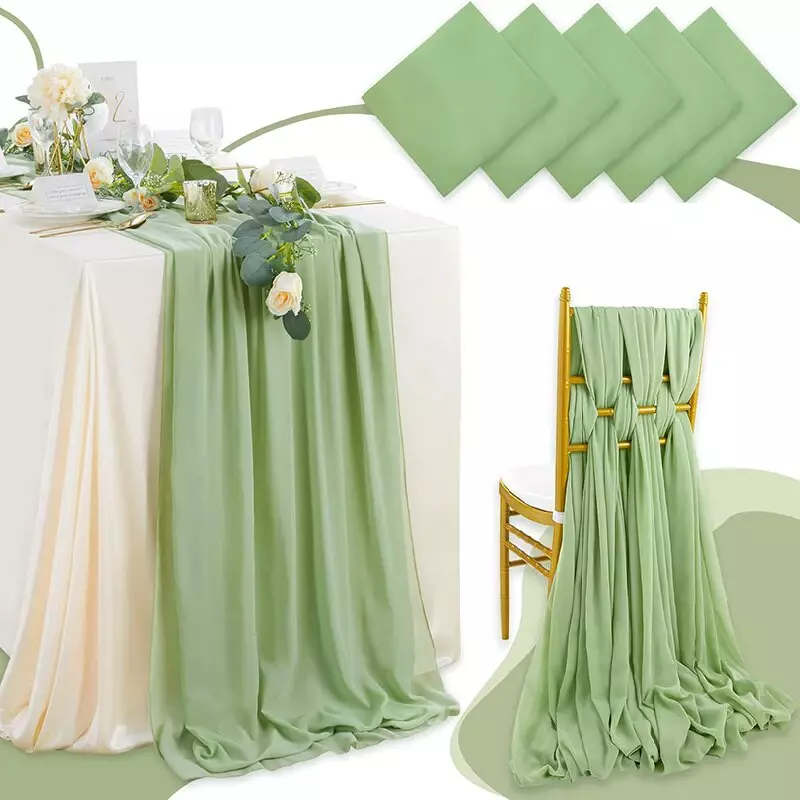 5 Pack Light Green Chiffon Table Runners Boho Rustic Sheer Fabric for Wedding Party Christmas Bridal Shower Birthday Decorations