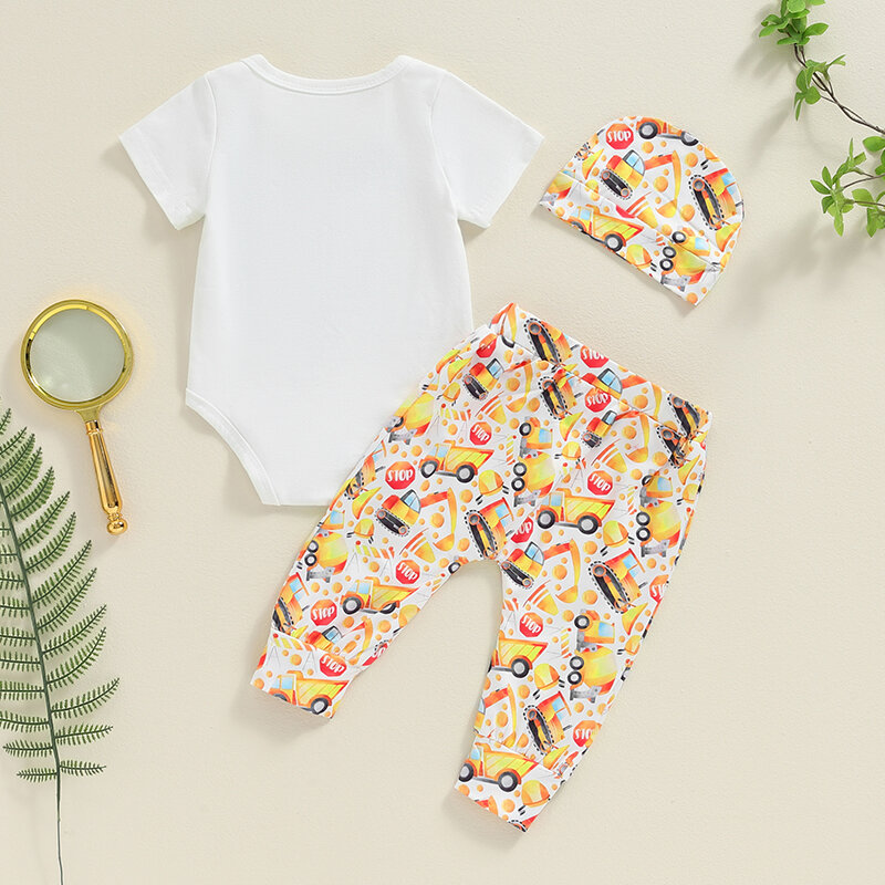2024-04-26 Lioraitiin Summer Baby Boy Outfit Digger Letter Print Short Sleeves Romper and Elastic Pants Beanies Hat Set Clothes