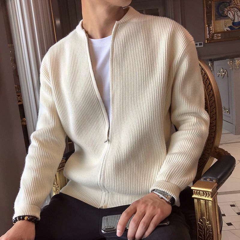 2023 New Spring and Autumn Korean Edition Trend Stand Collar Solid Color Pit Stripe Slim Fitting High-end Men's Sweater Cardigan