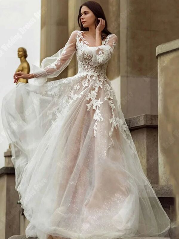 Gaun Tulle wanita tanpa lengan panjang gaun pernikahan stiker renda populer gaun pengantin putri permukaan cerah Boho gaun pengantin 2024