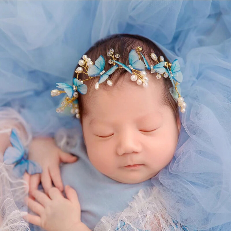 Реквизит для фотосъемки новорожденных, регулируемая повязка на голову с искусственным цветком и бабочкой для новорожденных девочек, аксессуары для студийной фотосъемки