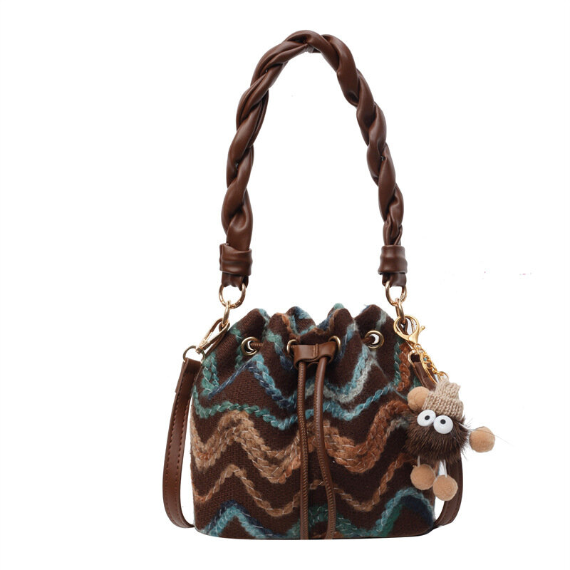 Niche Woven Drawstring for Women 2024 New Corrugated Fashion All-Match Bucket High-Grade Messenger Bag