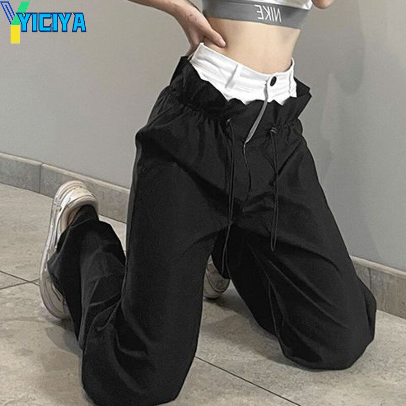 Yiciya กางเกงสไตล์ Y2K กางเกงผ้าตรงสำหรับผู้หญิง, กางเกงขายาวทรงหลวมกางเกงคาร์โก้ชุดใหม่ลำลอง