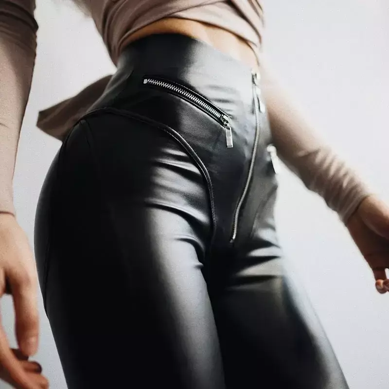Gotyckie skórzane legginsy z wysokim stanem i prostymi spodnie skórzane seksowny, obcisły bioder w stylu Street Retro spodnie motocyklowe na zamek błyskawiczny YXQ02