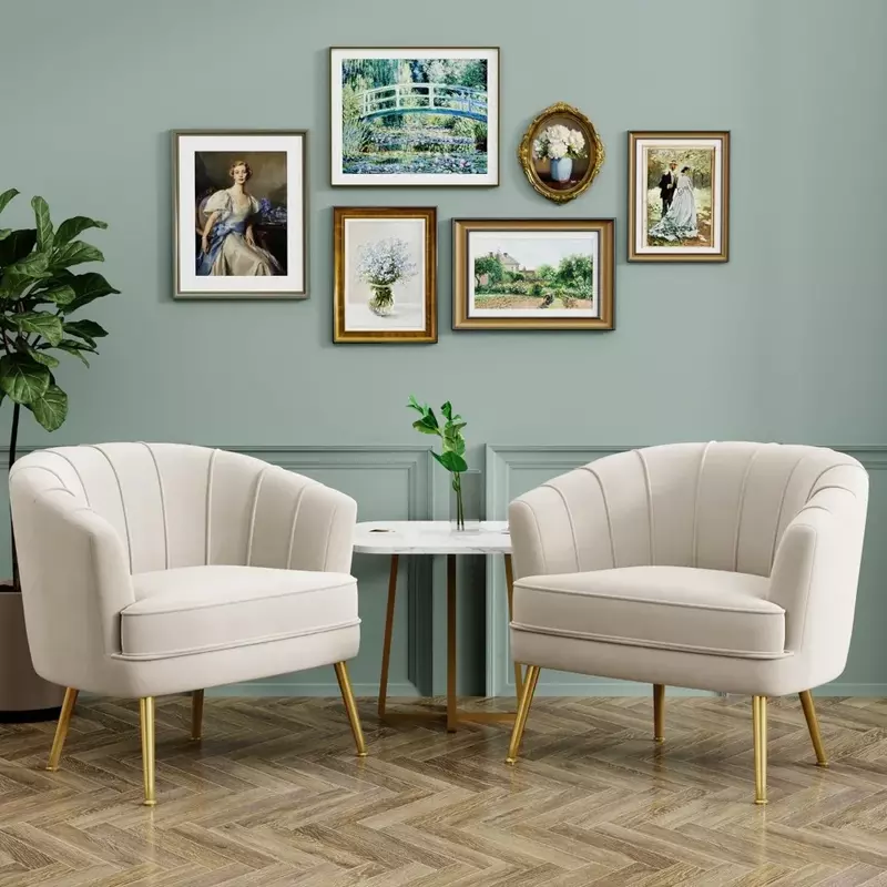 Sillas de terciopelo para sala de estar, dormitorio, oficina, ocio, tapizado, sofá individual, silla de café con patas de Metal, Beige