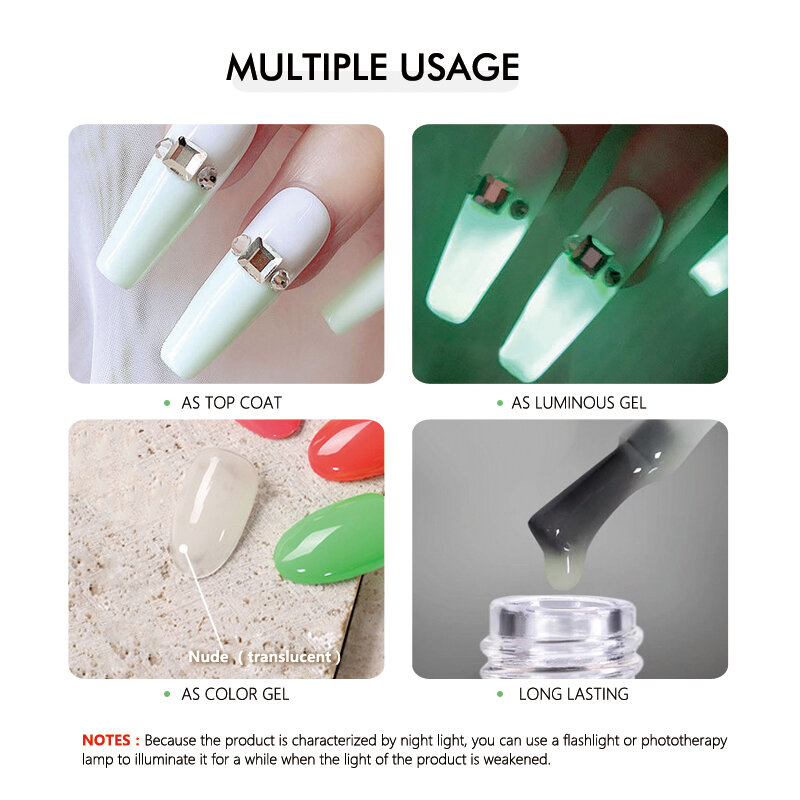 CHUNSHU 10ML No-wipe Top Coat Luminous UV Gel Glow in Dark High Gloss Protective Layer Semi Permanent Nail Polish For Nails Art