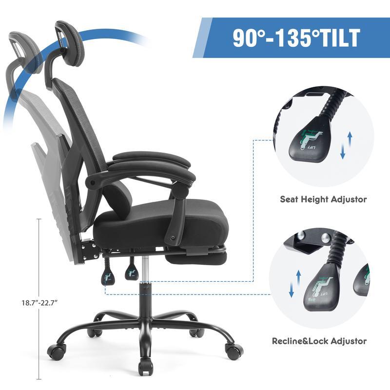 Ergonomic Office Chair, High Back Office Chair with Lumbar Pillow & Retractable Footrest, Mesh Office Chair with Padded Armrests