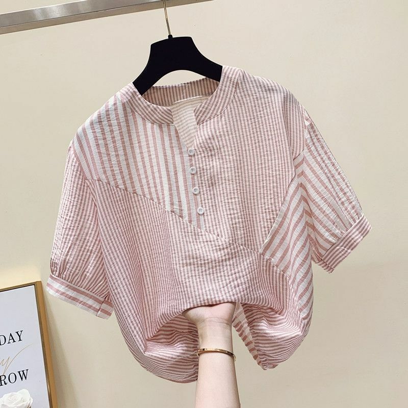 2024 nuova camicia a maniche corte estiva a righe irregolari coreane Design Sense Stand Up Neck Shirt camicette stile sottile camicia per le donne