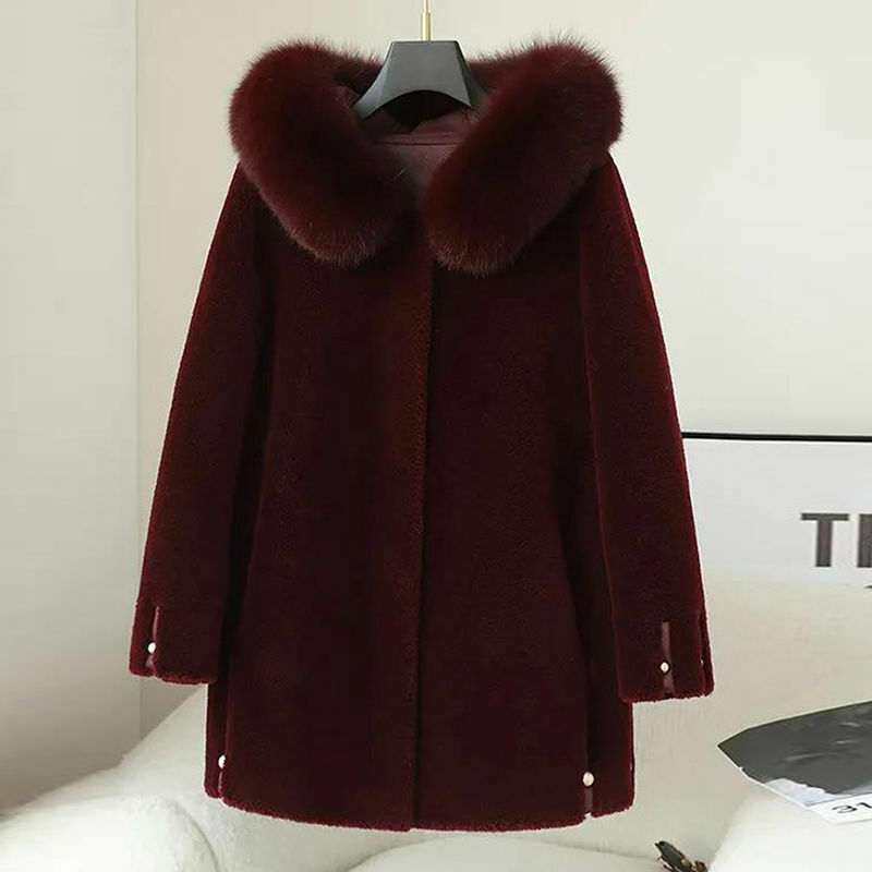 Casaco de lã feminino com capuz, pele real, casacos de lã, roupas femininas, inverno, 2022, E618