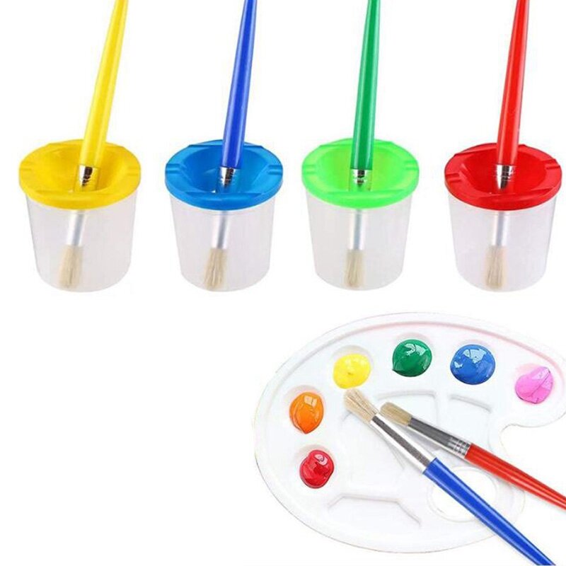 18 Pcs No Spill Paint Cups Set With Paint Brushes And Paint Tray Palette, Paint Cups With Lids For Kids Art Painting